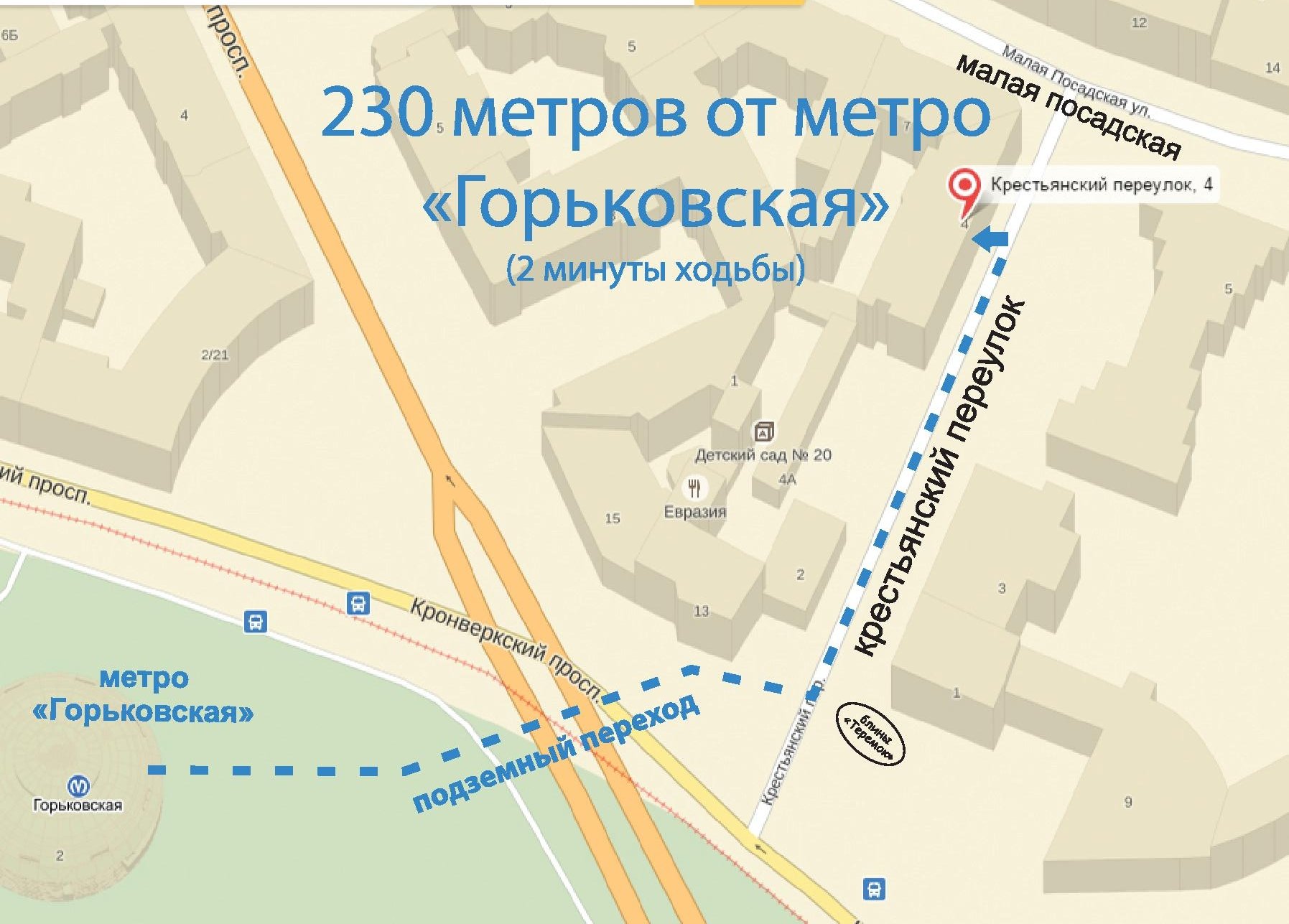 пешеходная схема прохода к магазину Медтехника от метро Горьковская