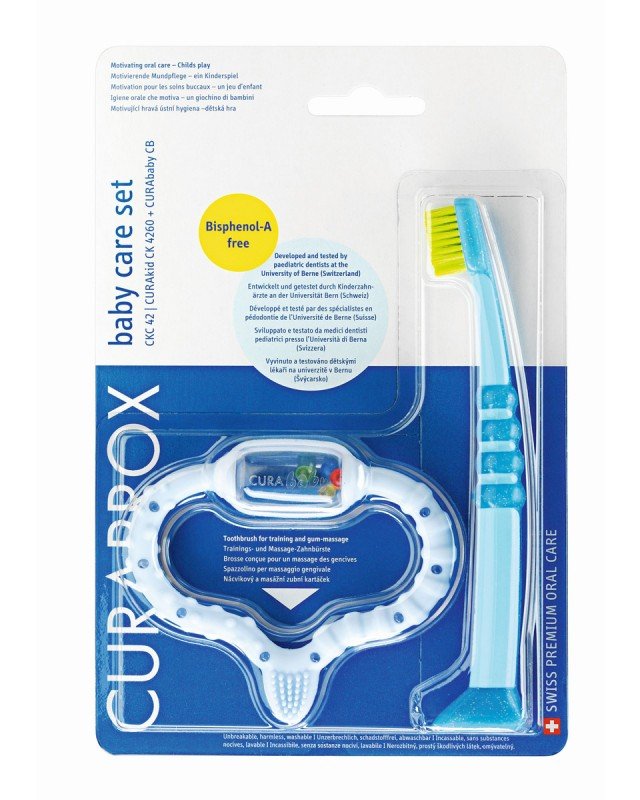 Стимулятор для прорезывания временных зубов Curababy, голубой и детская зубная щетка