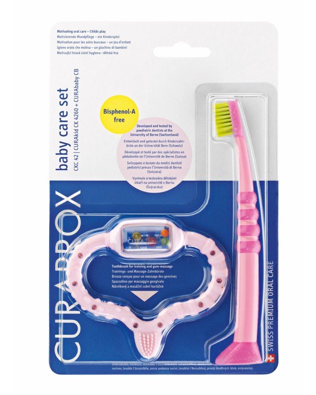 Стимулятор для прорезывания временных зубов Curababy, розовый и детская зубная щетка